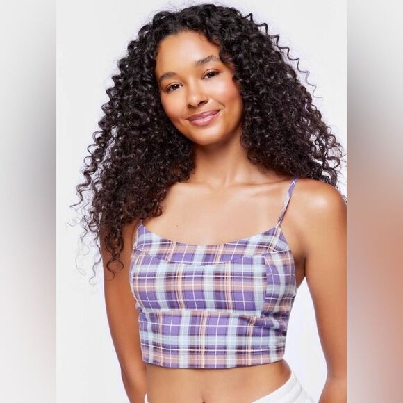 Plaid Cropped Cami Top in Sugarplum, Purple Blue Multi Size Small - Picture 2 of 9